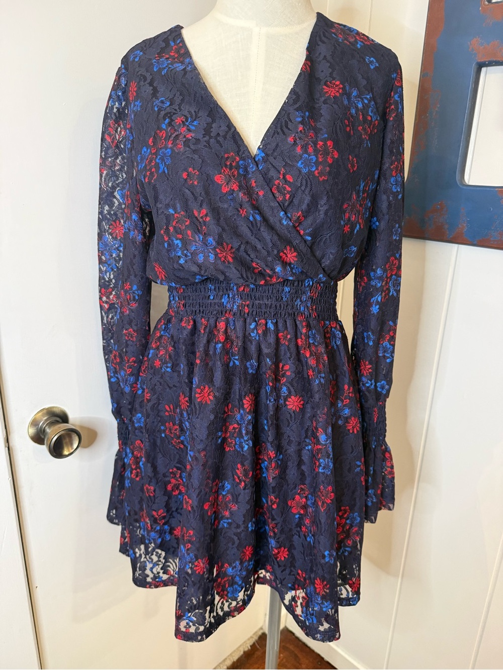 Disney Princess Navy Floral Lace smocked waist Dress W/Red & Blue Accents Sz S